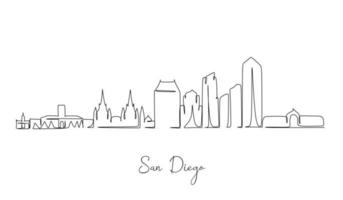 One single line drawing of San Diego city skyline, United States. Historical landscape in world. Best holiday destination poster. Editable stroke trendy continuous line draw design vector illustration