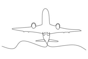 Single line drawing - commercial airplane takeoff and climb. Takeoff is the phase of flight in which an aerospace vehicle leaves the ground and becomes airborne. Vector illustration for transportation