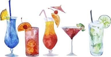 Hand drawn set of watercolor alcoholic cocktails on white background