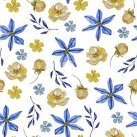 Seamless floral watercolor pattern. Hand-drawn blue and yellow flowers. Colors of Ukraine vector