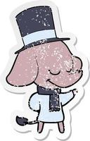distressed sticker of a cartoon smiling elephant wearing top hat vector
