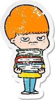 distressed sticker of a angry cartoon boy with books vector