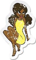 retro distressed sticker of a cartoon attractive woman posing vector