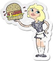retro distressed sticker of a cartoon waitress serving burger vector