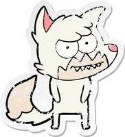 distressed sticker of a cartoon grinning fox vector