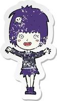 retro distressed sticker of a cartoon happy vampire girl vector