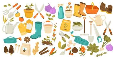 Hand drawn doodle set of Gardening icons Elements Tools or Equipments, Vector illustration set. scissors, boots, hedge, shears, hedge shears, fork, rake, grass, watering can, wheelbarrow.