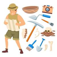 Hand drawn set of Archaeologist Objects Character Elements,  Vector illustration set with camera, brush, bones, skill, trowel, map and pickaxe