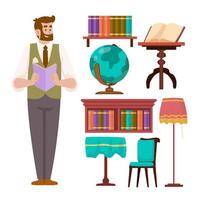 conjunto dibujado a mano de lindos elementos de carácter de objetos bibliotecarios, ilustración vectorial con globo, libro, biblioteca, lámpara, silla, escritorio y estantería vector