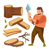 Hand drawn set of Cute Lumberjack Objects Character Elements,  Vector illustration set with Axe, Trunk, wodden, lumber, log, branch and leaves.