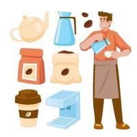 conjunto dibujado a mano de lindos objetos de barista elementos de carácter, ilustración vectorial con comida para llevar, taza, máquina, saco de café vector