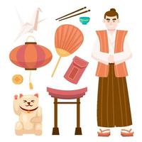 conjunto dibujado a mano de lindos elementos de carácter de objetos japoneses, ilustración vectorial con japonés, banco de gatitos, lámpara, moneda, palillo y origami