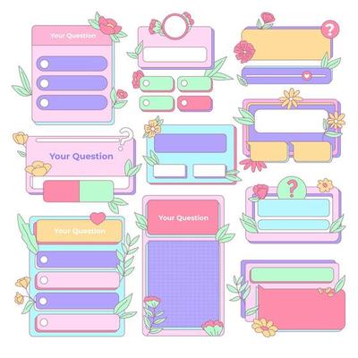 Isolated Vintage Retro Social Media templates, UI Frames and elements pop up window, search bar, countdown, pop up, quiz and question interface with pink purple vivid color