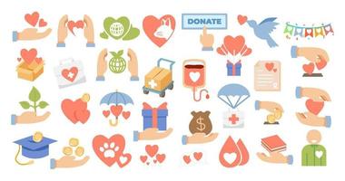 Hand drawn set of Donation Funds icons Elements. Vector illustration set Humanitarian support, social service alturism volunteer with alms, coin, wallet, money.