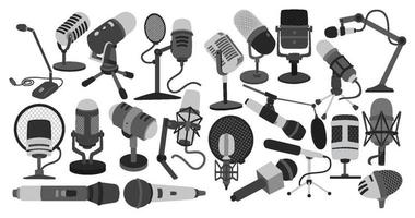 Retro Vintage Set of Podcast Equipments or tools Elements, groovy bundle. Vintage Objects Sticker Label in 70s, 80s, 90s style. Flat illustration with microphones, mixer, headphone and speaker vector