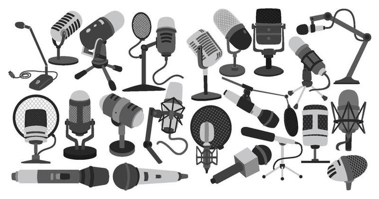 Retro Vintage Set of Podcast Equipments or tools Elements, groovy bundle. Vintage Objects Sticker Label in 70s, 80s, 90s style. Flat illustration with microphones, mixer, headphone and speaker