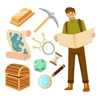 Hand drawn set of Treasure Hunt, icons Elements Tools or Equipments, Vector illustration set with Gold, magnifier, map and trasure box
