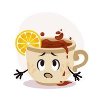 White tea cup with hot drink. Tea with lemon piece. Sad cartoon character with print on surface vector