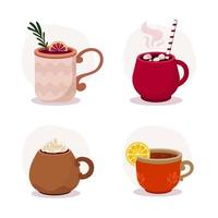 Set of flat cartoon cups with drink. Tea cup with lemon piece. Winter mulled wine mug. Hot chocolate. Coffee with cream vector