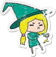 distressed sticker cartoon of a cute witch kawaii girl vector