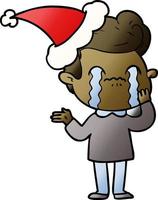 gradient cartoon of a man crying wearing santa hat vector