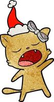 textured cartoon of a singing cat wearing santa hat vector