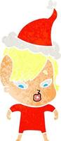 retro cartoon of a surprised girl wearing santa hat vector