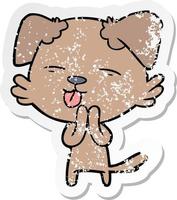 distressed sticker of a cartoon dog sticking out tongue vector