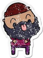 distressed sticker of a man with beard sticking out tongue vector