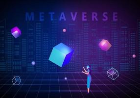 Woman wearing virtual reality goggle glass, having 3d experience in virtual reality in universe world vector illustration. Metaverse and blockchain 3D experience technology concept