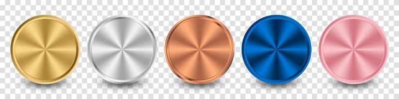 Collection of gold, silver, bronze, blue metal, and pink metal radial metallic gradient. Plates with gold, silver, bronze metallic effect. Vector illustration