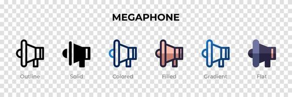 icono de megáfono en un estilo diferente. iconos vectoriales de megáfono diseñados en contorno, sólido, coloreado, relleno, degradado y estilo plano. símbolo, ilustración de logotipo. ilustración vectorial