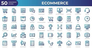 Set of 50 Ecommerce web icons in gradient style. Credit card, profit, invoice. Gradient icons collection. Vector illustration