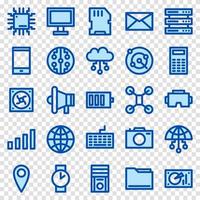 Set of 25 device and technology web icons in line blue style. Industry 4.0 concept factory of the future. Collection line blue icons of technology. Vector illustration