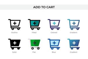 Add To Cart icon in different style. Add To Cart vector icons designed in outline, solid, colored, filled, gradient, and flat style. Symbol, logo illustration. Vector illustration