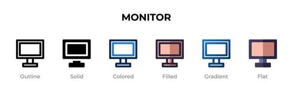 icono de monitor en un estilo diferente. monitorear iconos vectoriales diseñados en contorno, sólido, coloreado, relleno, degradado y estilo plano. símbolo, ilustración de logotipo. ilustración vectorial vector