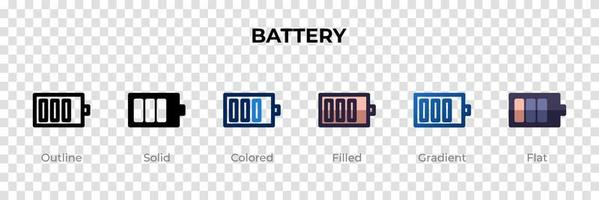 Battery icon in different style. Battery vector icons designed in outline, solid, colored, filled, gradient, and flat style. Symbol, logo illustration. Vector illustration