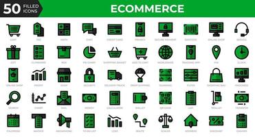 conjunto de 50 iconos web de comercio electrónico en estilo de esquema relleno. tarjeta de crédito, beneficio, factura. colección de iconos de contorno lleno. ilustración vectorial vector