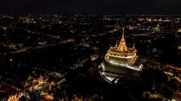 'Golden Mountain '  Wat Saket Ratcha Wora Maha Wihan popular Bangkok tourist attraction , Landmarks of bangkok Thailand .  top view photo