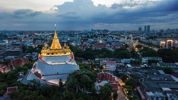 Golden Mountain  Wat Saket Ratcha Wora Maha Wihan popular Bangkok tourist attraction , Landmarks of bangkok Thailand . In the rain before , topview photo