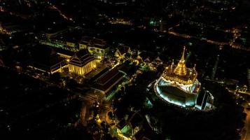 'Golden Mountain '  Wat Saket Ratcha Wora Maha Wihan popular Bangkok tourist attraction , Landmarks of bangkok Thailand .  top view photo