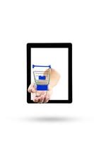 shopping cart in hand with Tablet on white background photo