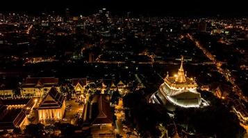 'Golden Mountain '  Wat Saket Ratcha Wora Maha Wihan popular Bangkok tourist attraction , Landmarks of bangkok Thailand .  top view photo