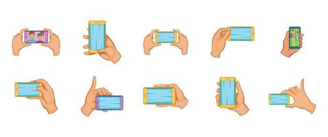 Hand smartphone icon set, cartoon style vector