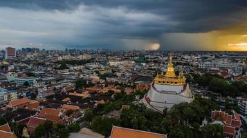 Golden Mountain  Wat Saket Ratcha Wora Maha Wihan popular Bangkok tourist attraction , Landmarks of bangkok Thailand . In the rain before , topview photo