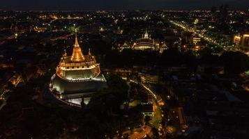 Golden Mountain  Wat Saket Ratcha Wora Maha Wihan popular Bangkok tourist attraction , Landmarks of bangkok Thailand . In the rain before , topview photo