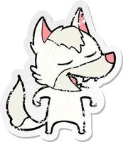 distressed sticker of a cartoon wolf laughing vector