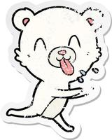 distressed sticker of a rude cartoon polar bear sticking out tongue vector