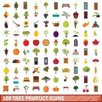 100 tree product icons set, flat style vector