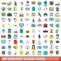 100 iconos de la escuela worldnet, estilo plano vector